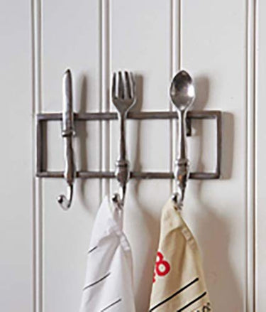 Riviera Maison kitchen hook, wall hook, towel hook, hanger, coat hook - Kitchen Cutlery Hook - 3 hooks with spoon, knife, and fork - aluminum, silver - 6.5 x 31 x 23 cm on sale